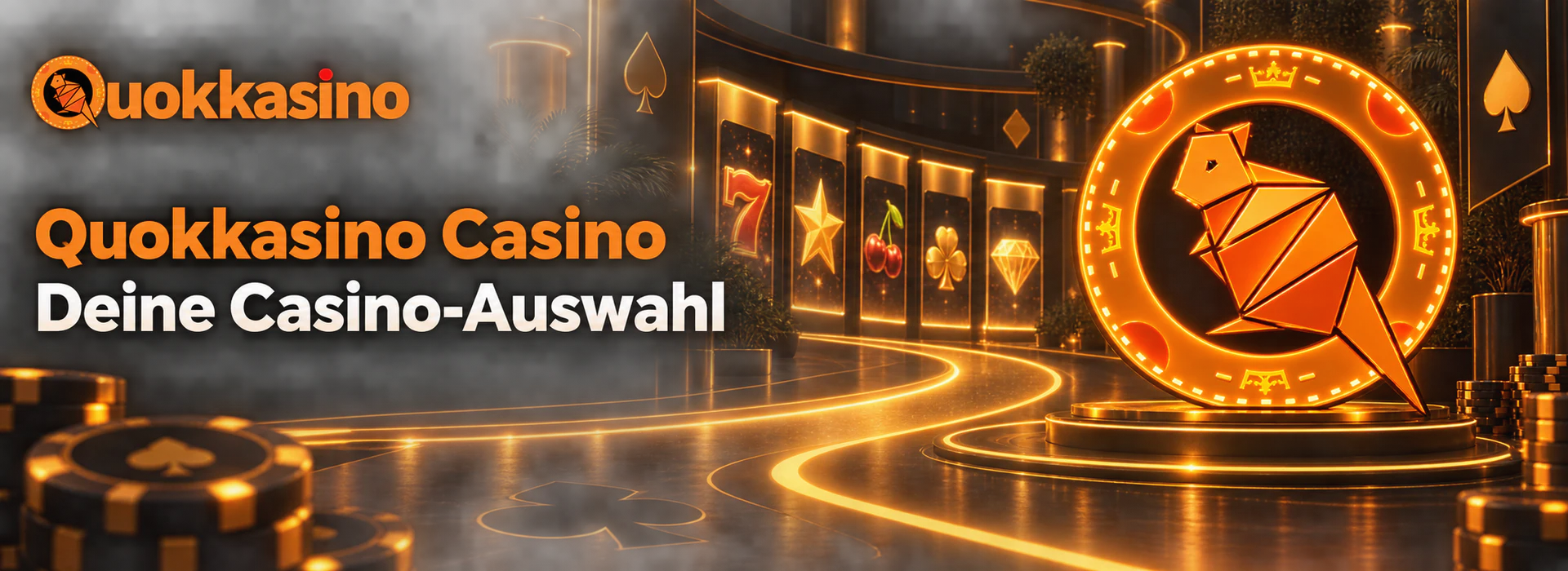 Quokkasino Casino mit orangefarbener Quokka und Spielmotiven